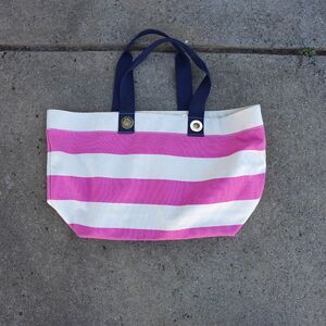 Tommy Hilfiger Canvas Striped Tote Bag Pink White Navy Blue Large Beach Summer
